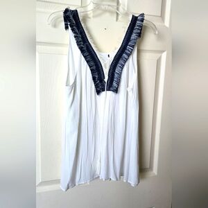 White Sleeveless Top with Navy Fringe Detail
